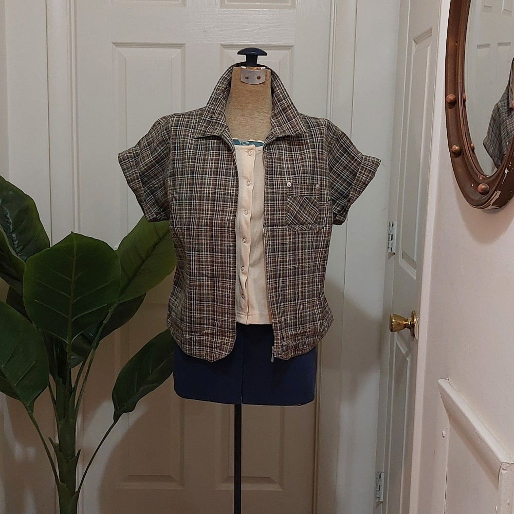 Fashion Bug Plaid Zip Up 2-fer Shirt - Brown Cream And Green Size Large